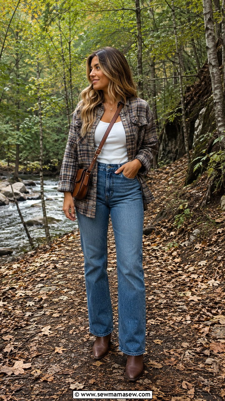 Straight Leg Jeans with a Flannel Shirt and Pointed Boots - 30 transitional jeans outfit ideas