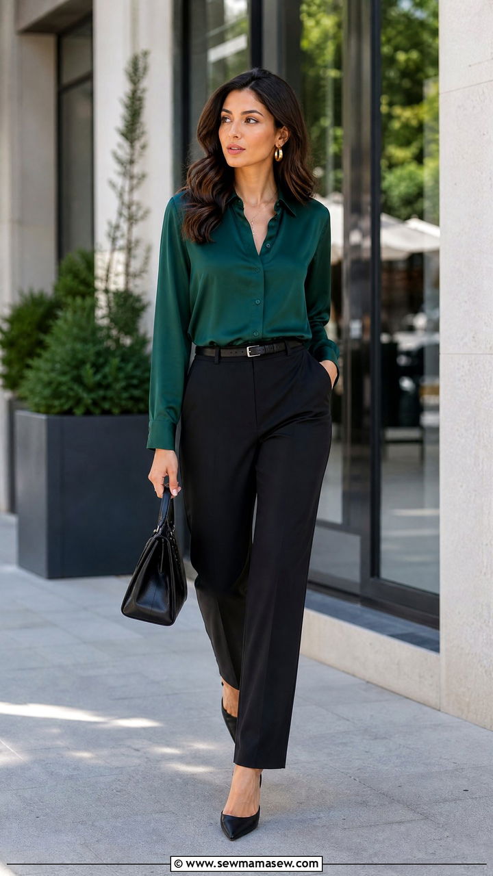Straight Leg Trousers Silk Blouse - 25 Outfit ideas to look slimmer