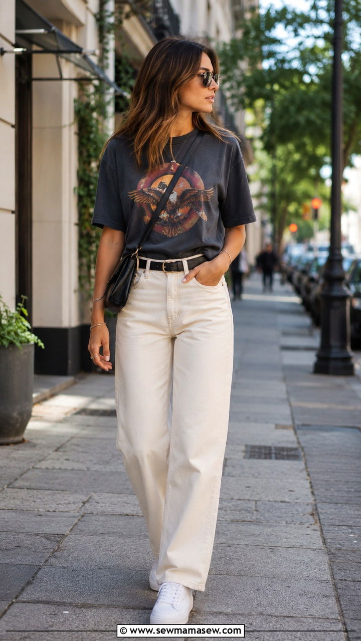 Straight Leg Trousers With Graphic Tee - 30 trousers outfit ideas for women
