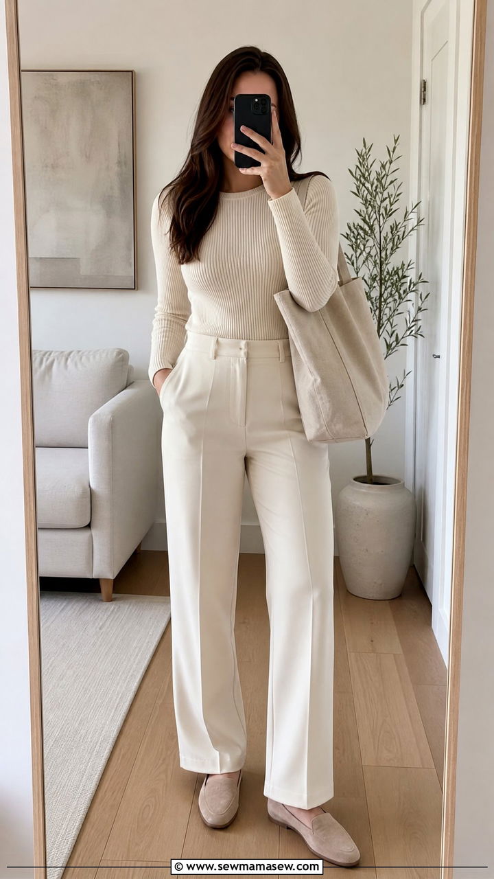 Straight Leg Trousers With Long Sleeve Ribbed Top - 25 casual outfits for modest women