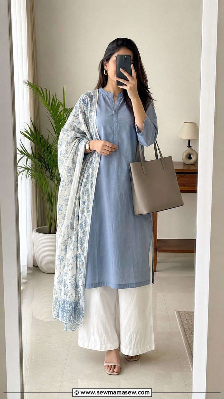 Straight cut long kurta with palazzo pants - 20 Modest outfit ideas for India
