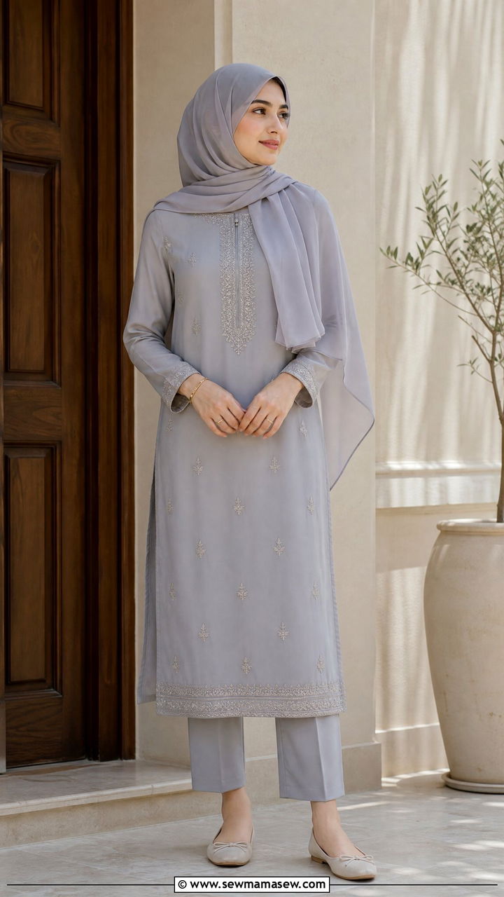 Straight cut suit with chiffon hijab - 30 Modest outfit ideas for Eid