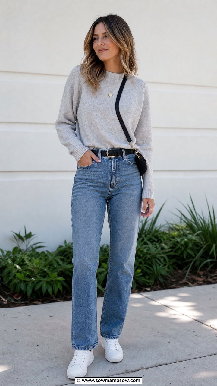 Straight leg high waisted jeans with white sneakers outfit - 25 High waisted jeans outfit ideas with white sneakers
