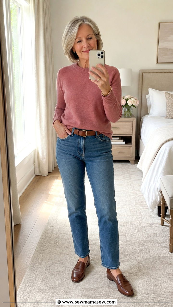 Straight leg jeans and a fitted cashmere sweater outfit over 60 - 20 Fashion mistakes to avoid over 60
