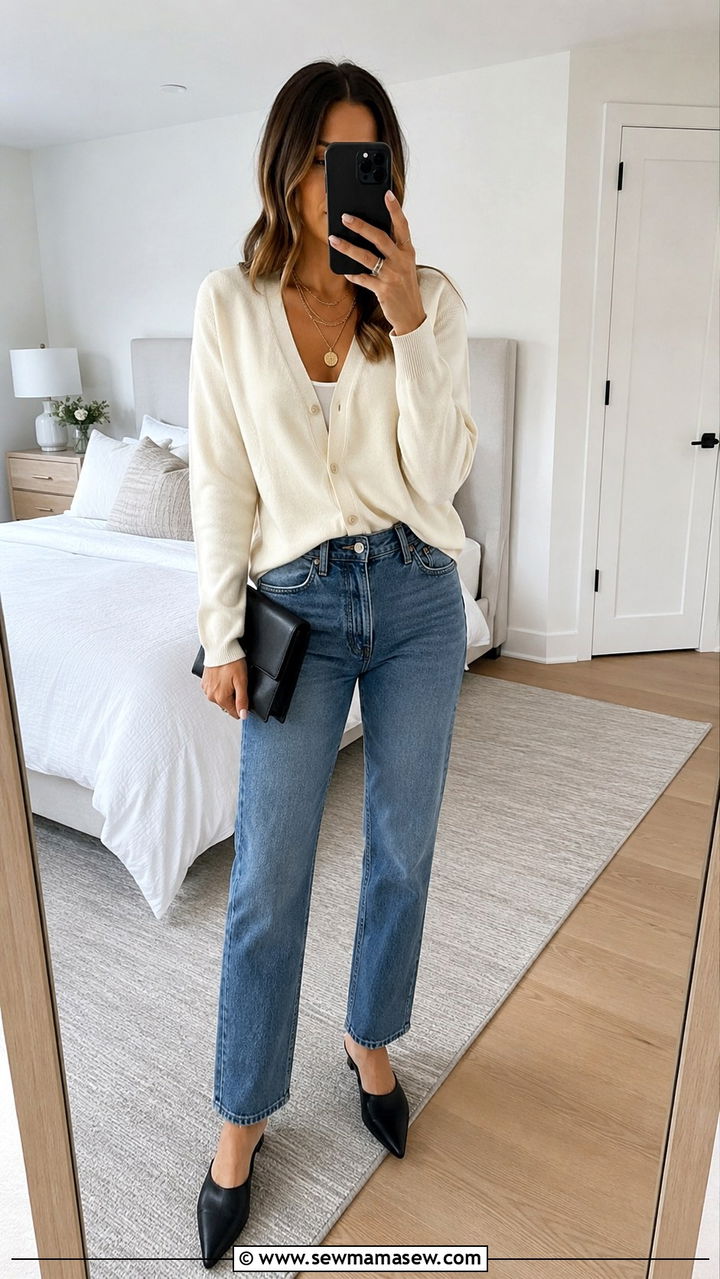 Straight leg jeans with V neck cardigan and layered necklaces - 30 Straight leg jeans outfit ideas with a cardigan
