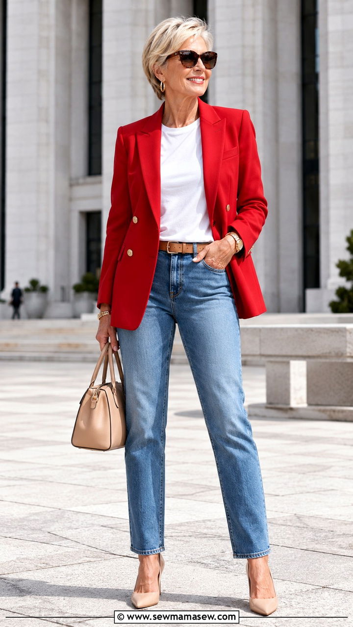 Straight leg jeans with a red blazer - 20 Jeans and blazer outfit ideas over 50