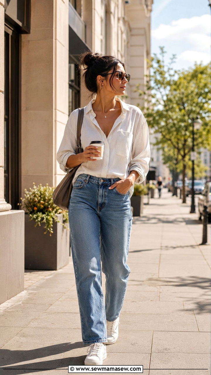 Straight leg jeans with a relaxed button down shirt - 25 Outfit ideas for muscular women
