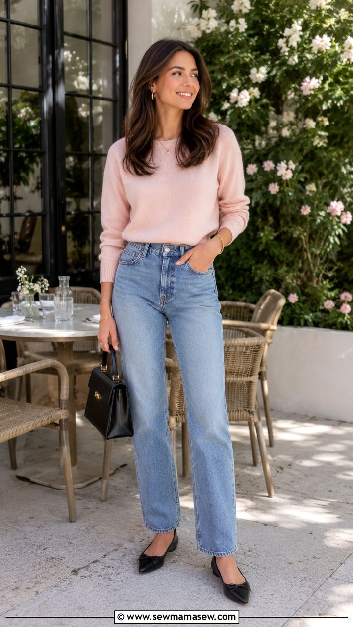 Straight leg jeans with a sweater and ballet flats outfit - 30 Straight leg jeans outfit ideas with a sweater