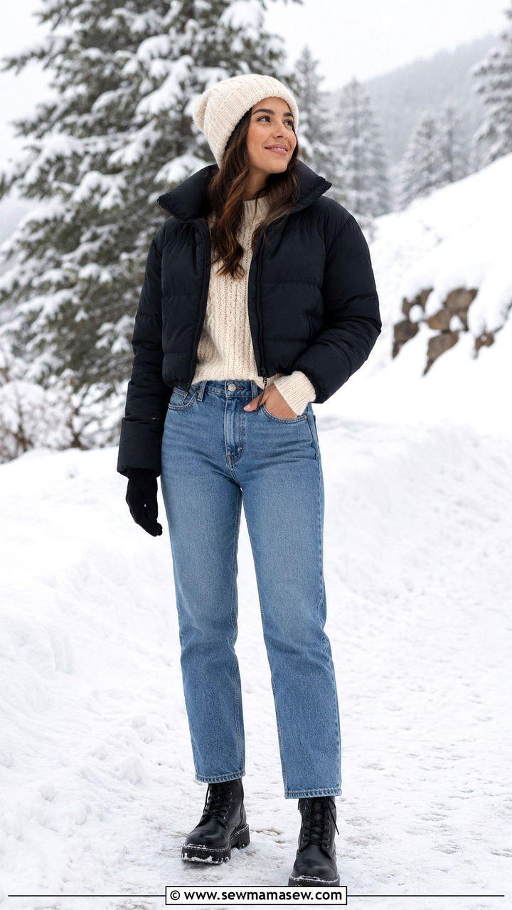 Straight leg jeans with a sweater and puffer jacket outfit - 30 Straight leg jeans outfit ideas with a sweater