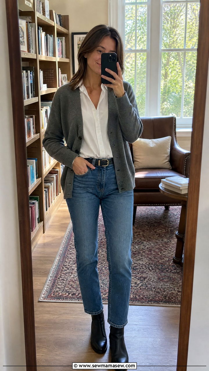 Straight leg jeans with a white shirt and grey knit cardigan - 35 Librarian outfit ideas for work