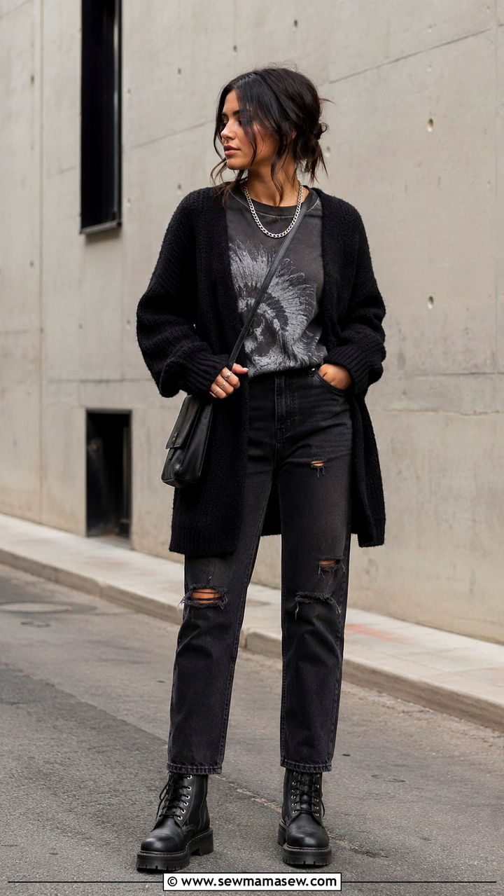 Straight leg jeans with black oversized cardigan and combat boots - 30 Straight leg jeans outfit ideas with a cardigan