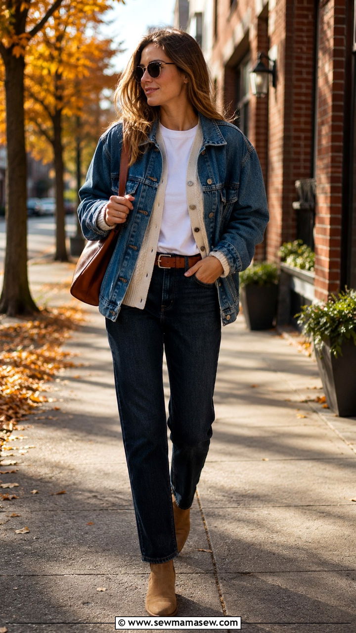 Straight leg jeans with cardigan and denim jacket layered - 30 Straight leg jeans outfit ideas with a cardigan