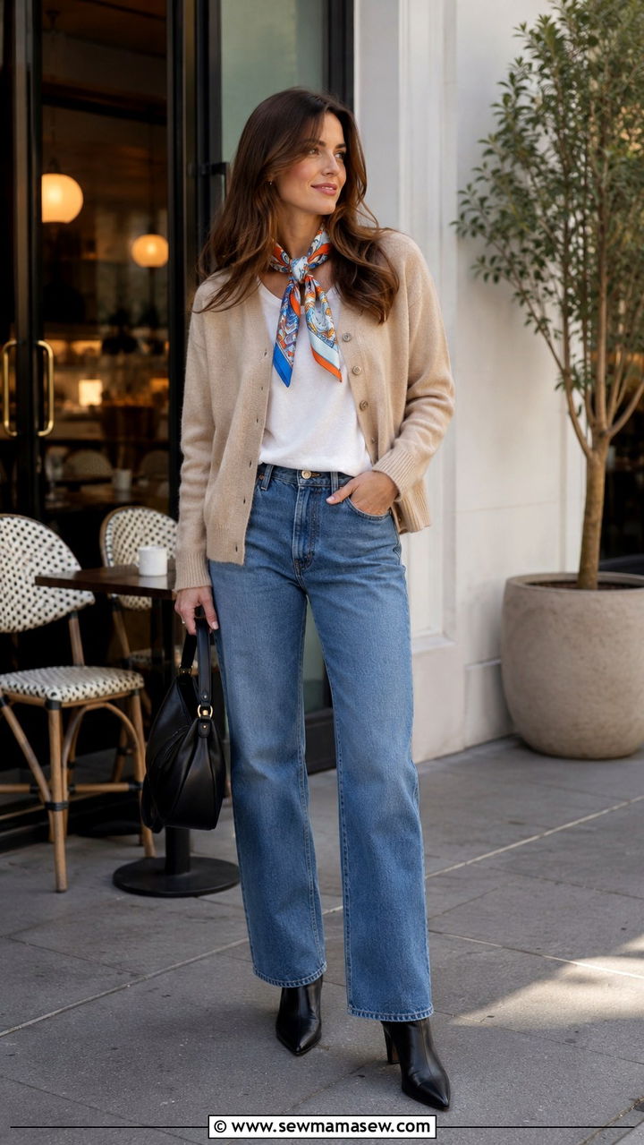 Straight leg jeans with cardigan and silk scarf accent - 30 Straight leg jeans outfit ideas with a cardigan