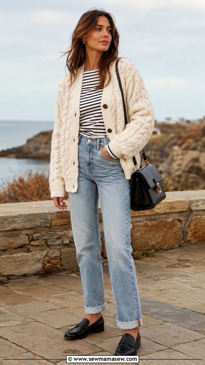 Straight leg jeans with chunky cable knit cardigan and loafers - 30 Straight leg jeans outfit ideas with a cardigan