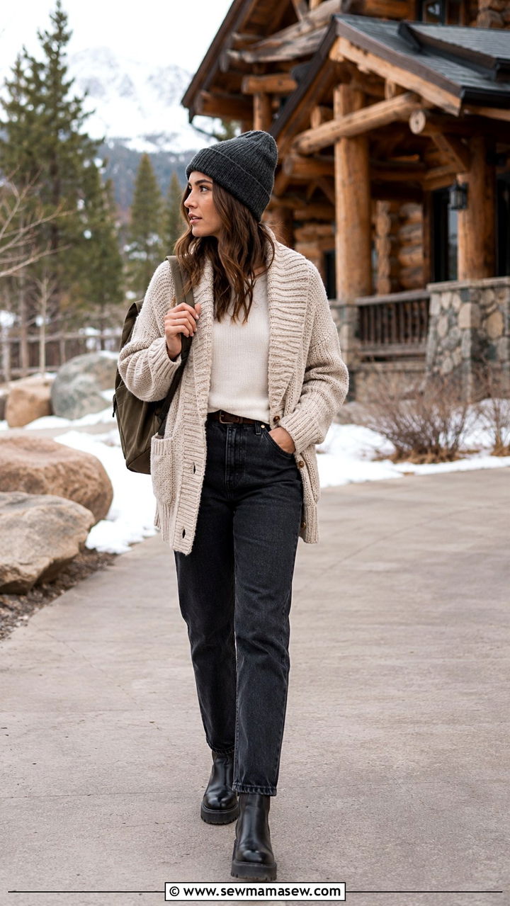 Straight leg jeans with chunky cardigan and lug sole boots - 30 Straight leg jeans outfit ideas with a cardigan