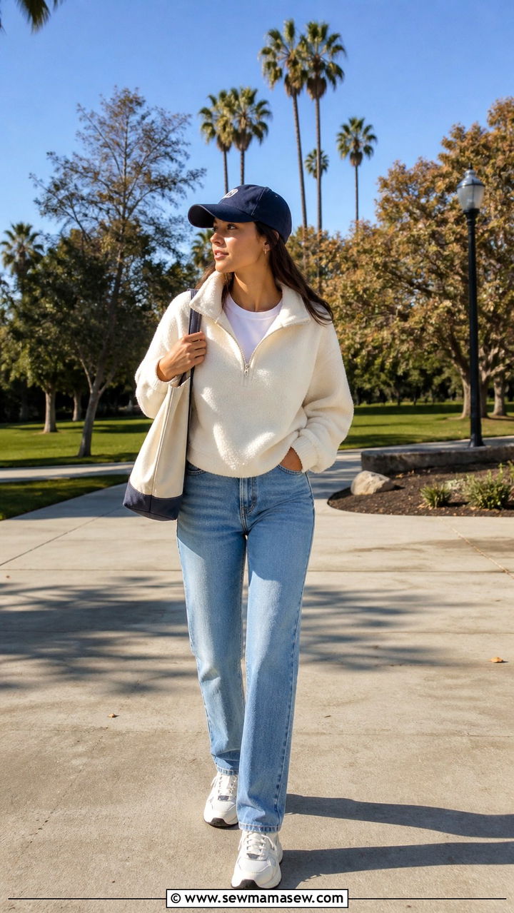 Straight leg jeans with dad sneakers and a fleece - 40 What to wear in Los Angeles
