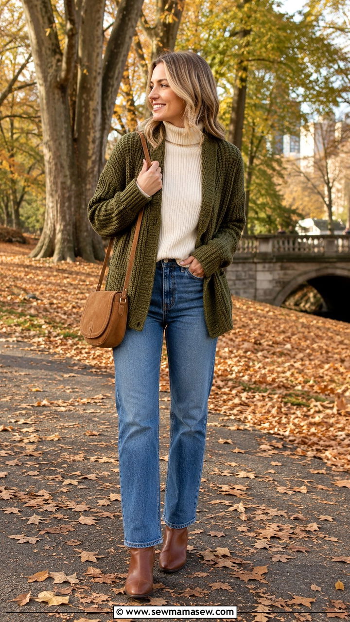 Straight leg jeans with green cardigan and brown boots - 30 Straight leg jeans outfit ideas with a cardigan