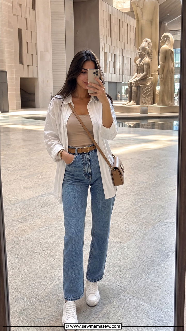 Straight leg jeans with lightweight oversized button up shirt outfit - 25 Cairo outfit ideas