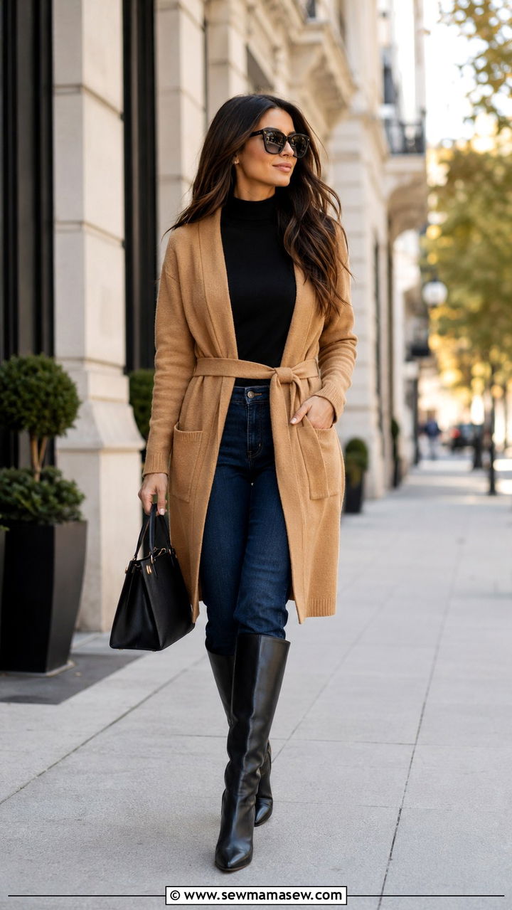 Straight leg jeans with long cardigan and knee high boots - 30 Straight leg jeans outfit ideas with a cardigan