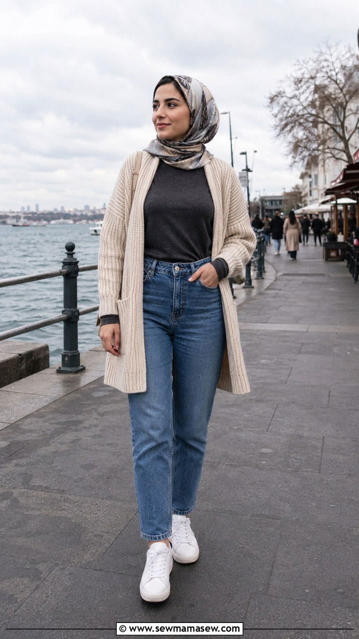 Straight leg jeans with long cardigan outfit - 20 Modest outfit ideas for Turkey