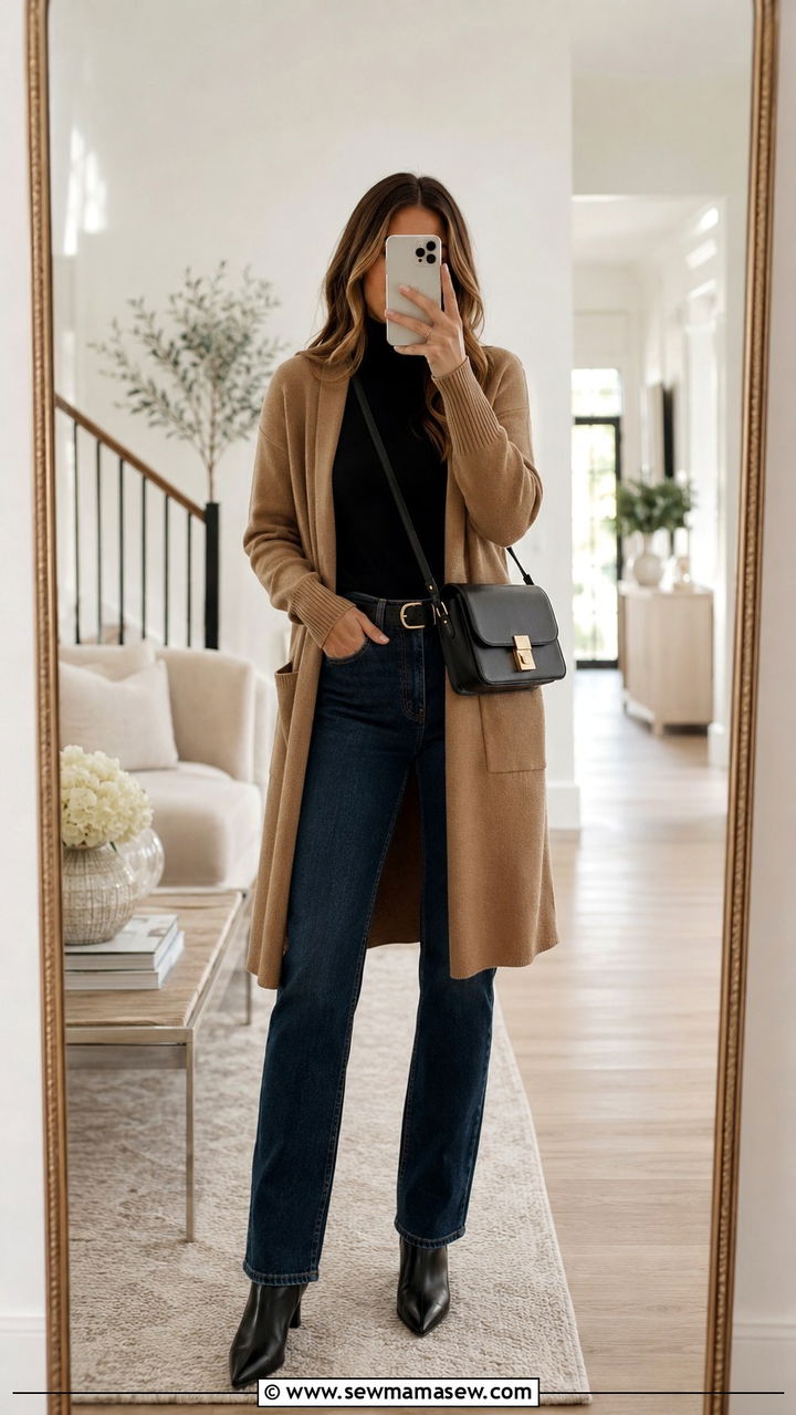 Straight leg jeans with longline cardigan and ankle boots - 30 Straight leg jeans outfit ideas with a cardigan