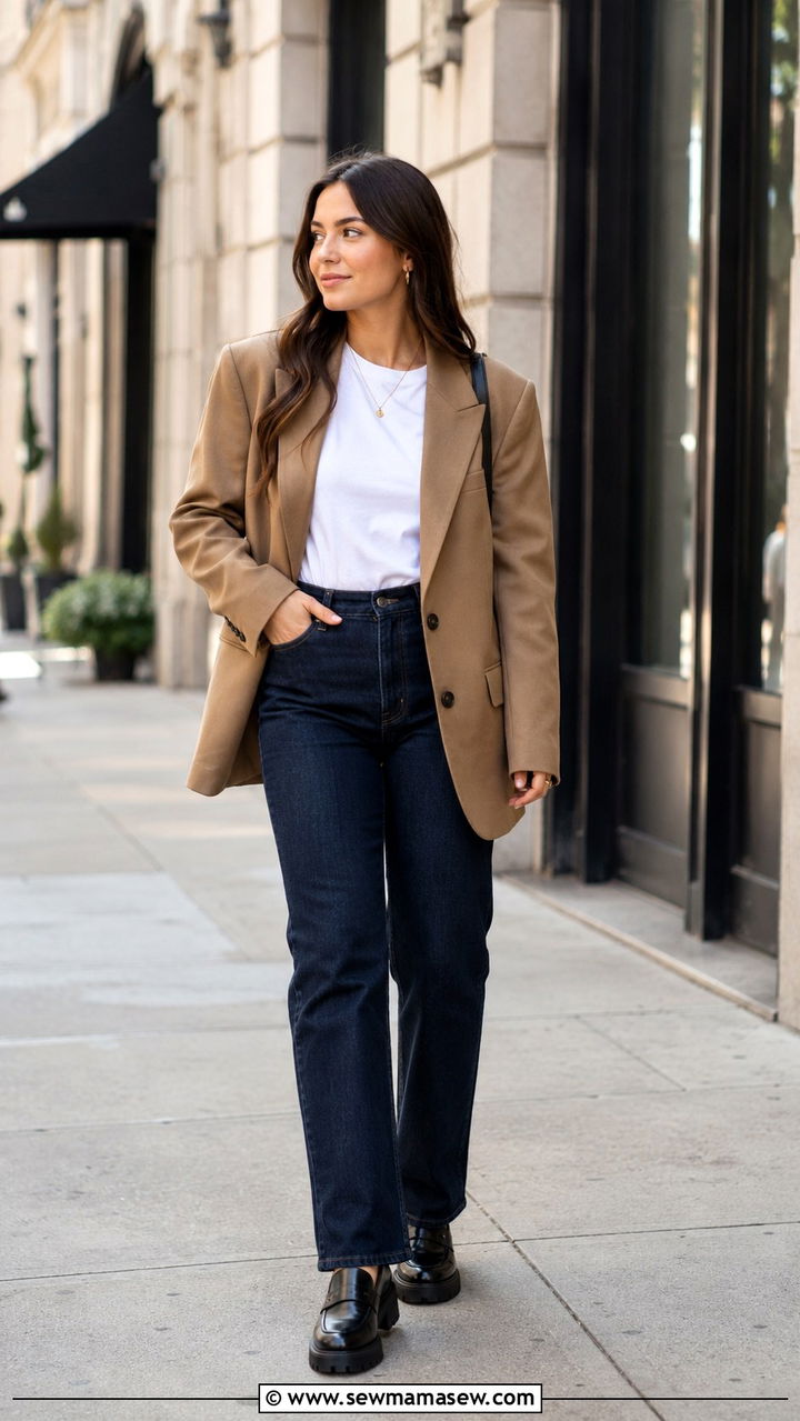 Straight leg jeans with oversized blazer and loafers - 25 Outfit ideas for wide calves