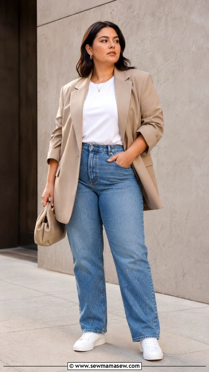 Straight leg jeans with oversized blazer - 25 Outfit ideas for thick thighs