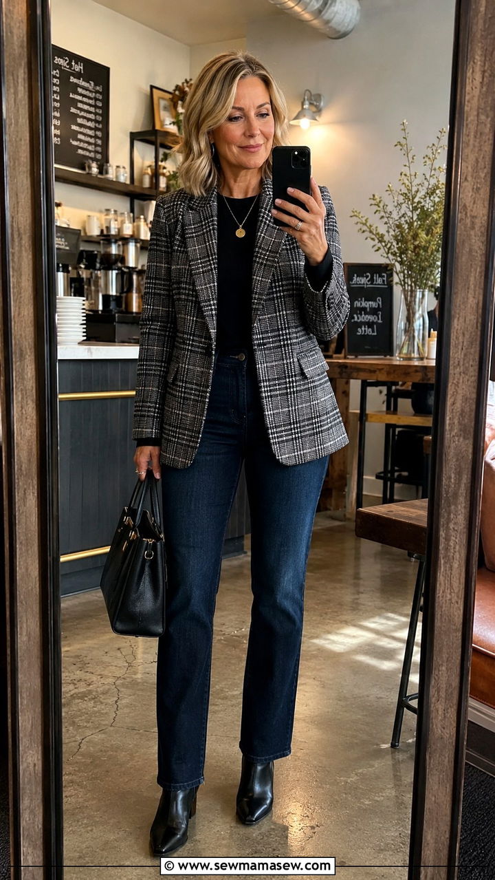 Straight leg jeans with plaid blazer - 20 Jeans and blazer outfit ideas over 50