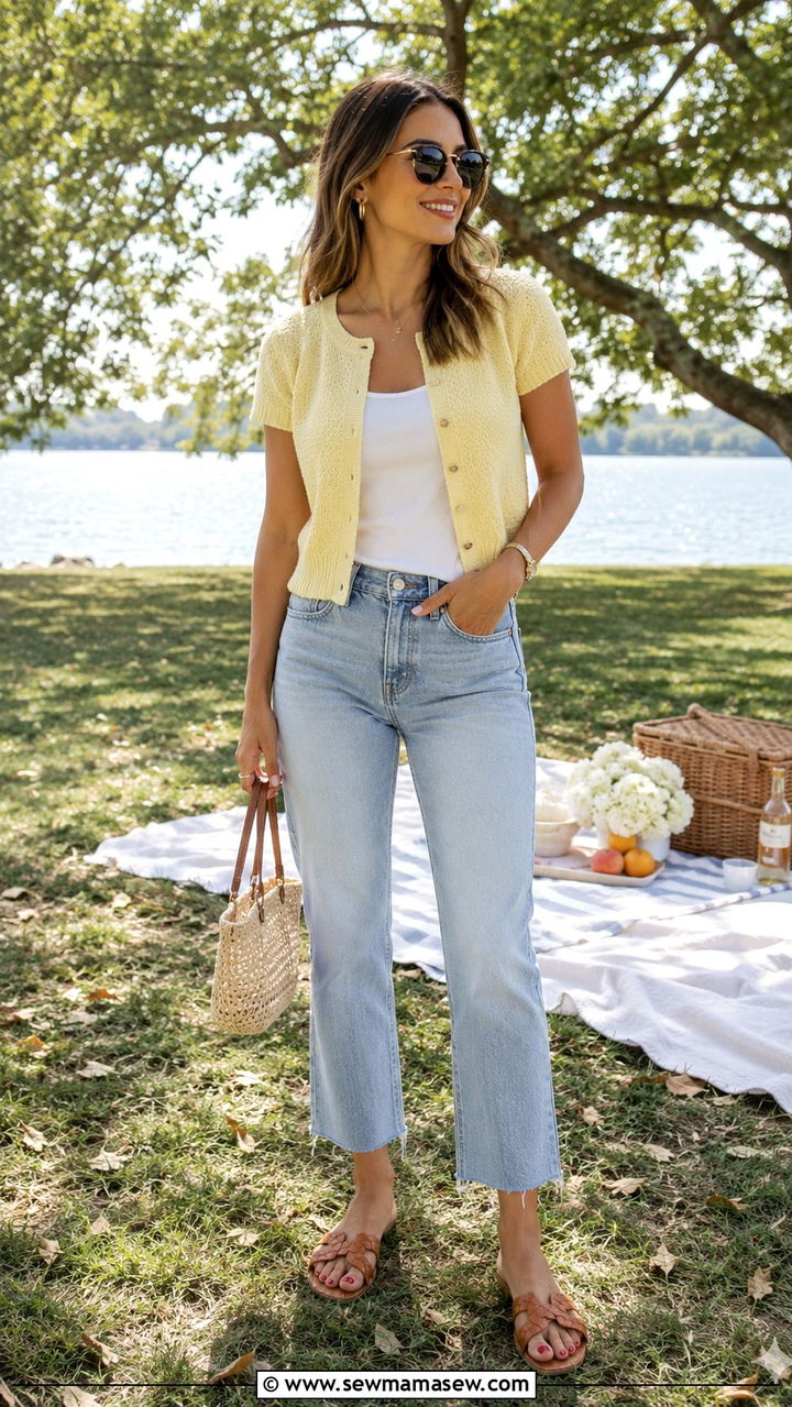 Straight leg jeans with short sleeve cardigan and sandals - 30 Straight leg jeans outfit ideas with a cardigan