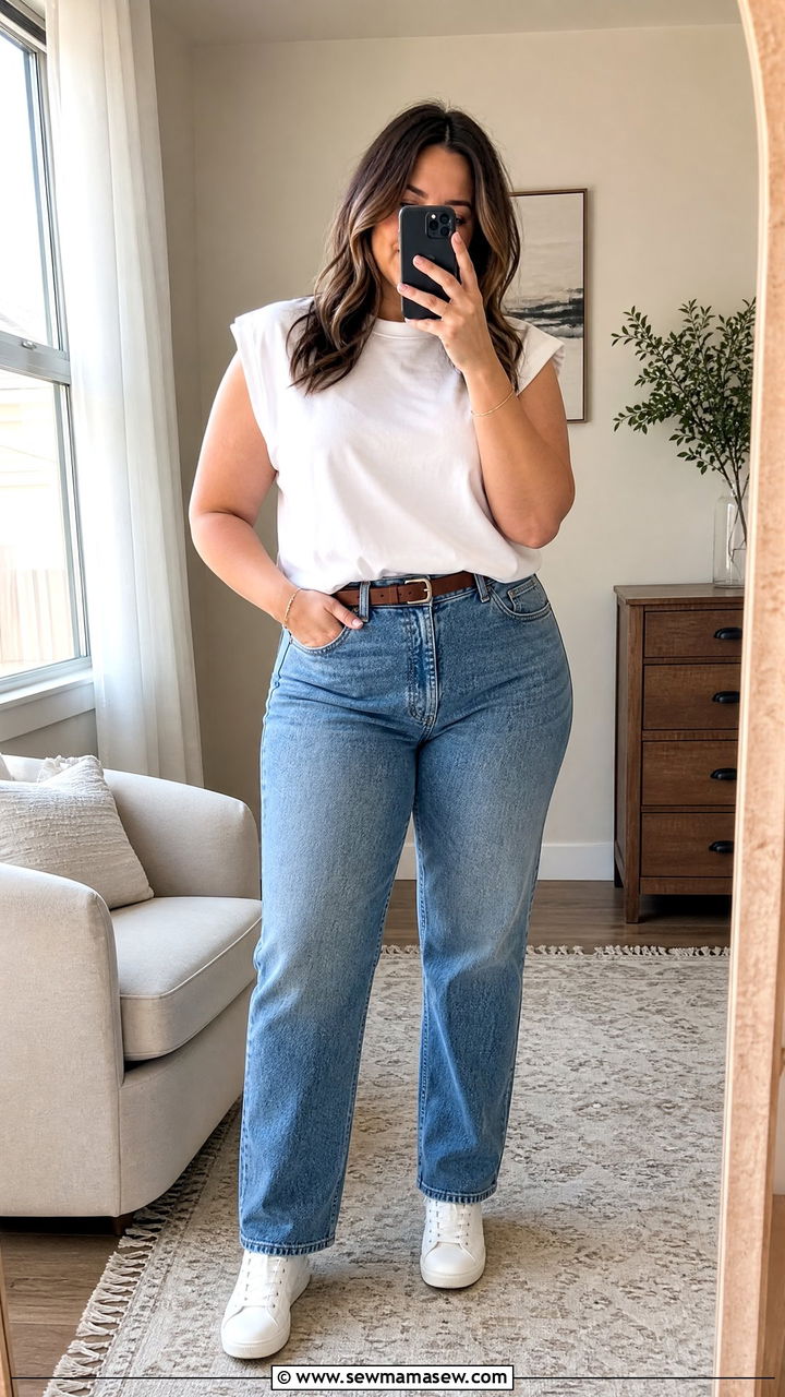 Straight leg jeans with structured boxy tee - 30 Plus size outfit ideas spring 2026
