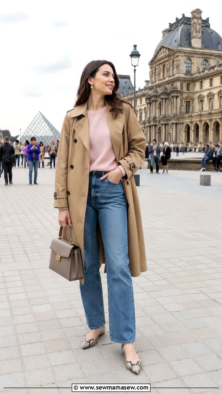Straight leg jeans with trench coat and flats - 30 Tall women jeans outfit ideas