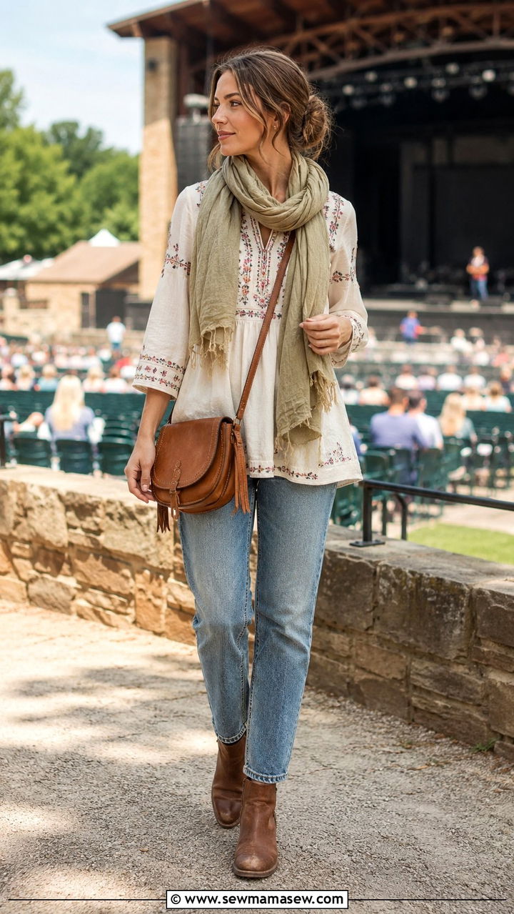 Straight leg jeans with tunic top and ankle boots - 30 modest summer concert outfit ideas