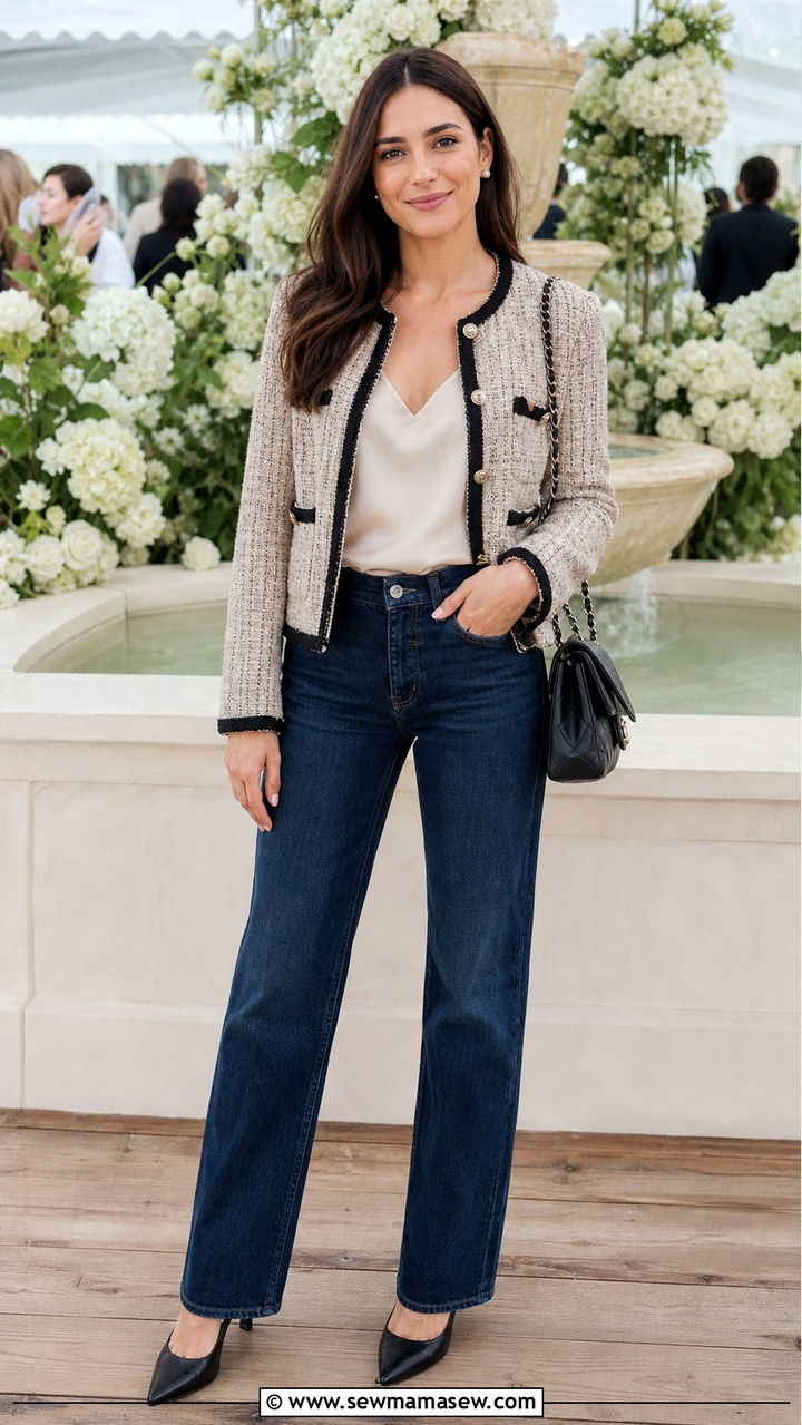 Straight leg jeans with tweed jacket and pumps - 40 jeans outfits