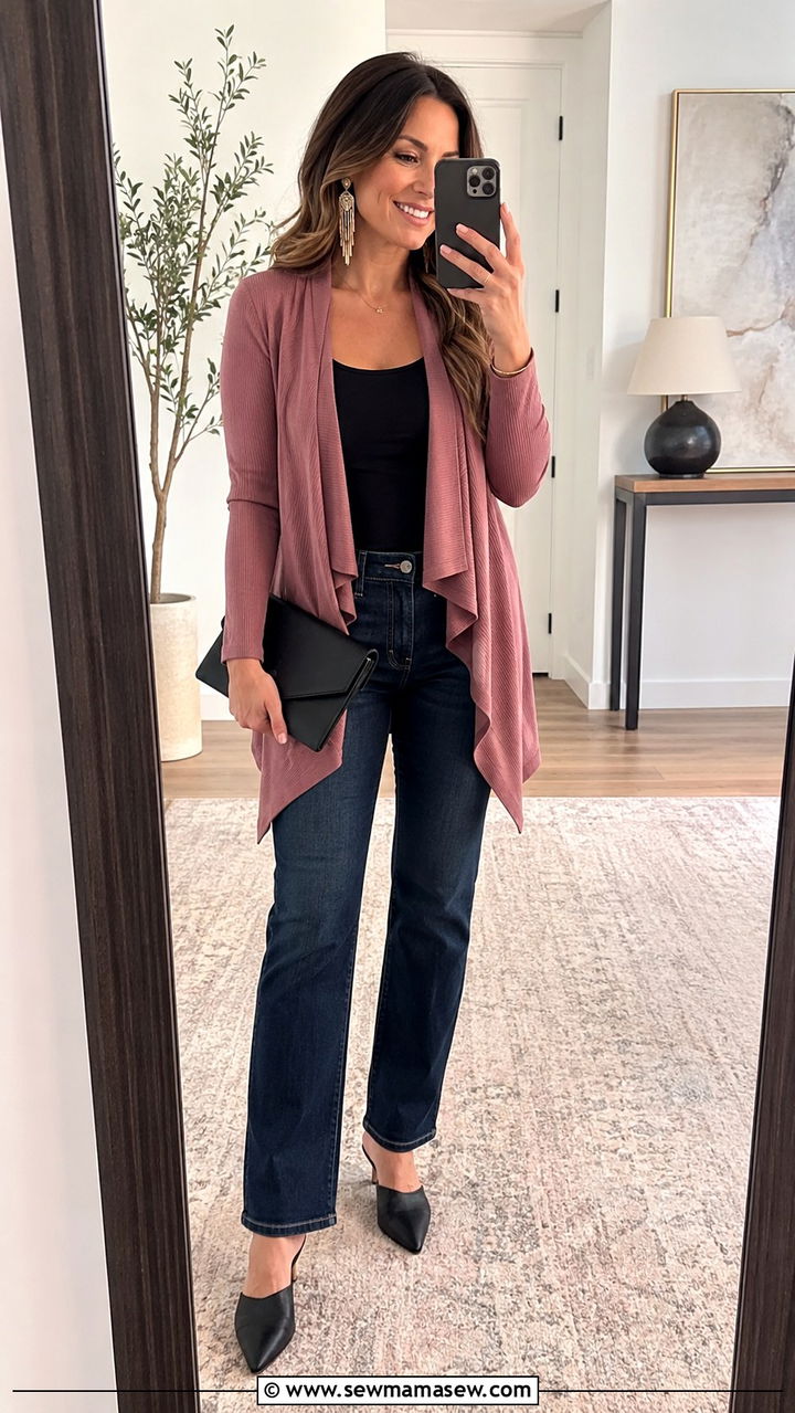 Straight leg jeans with waterfall cardigan and mules - 30 Straight leg jeans outfit ideas with a cardigan