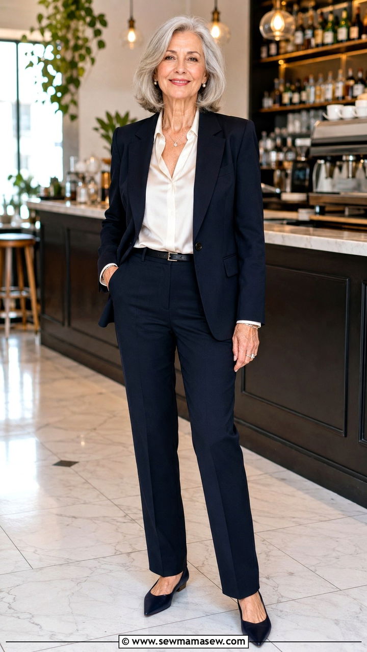 Straight leg trousers with tucked blouse and structured blazer - 30 Plus size outfit ideas for women over 60