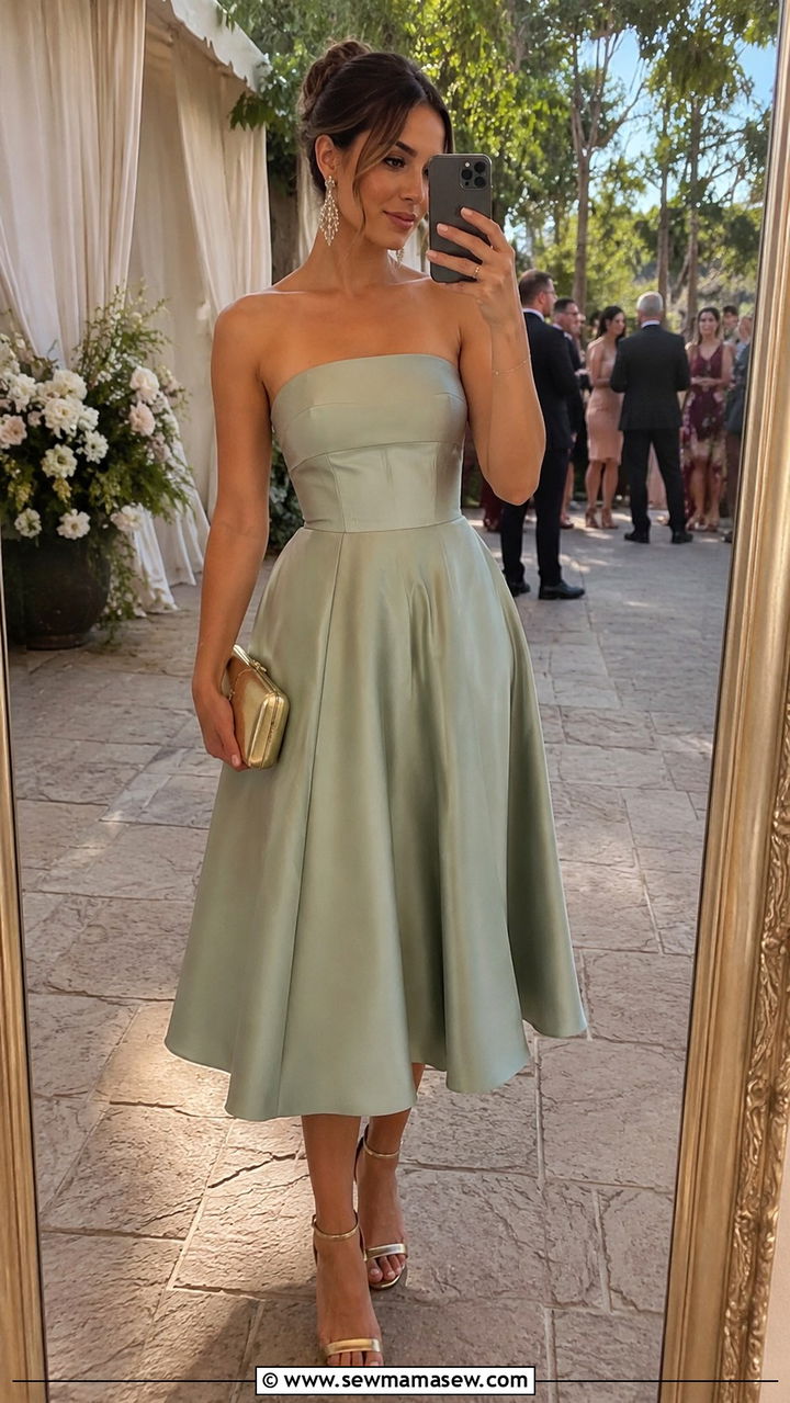 Strapless A Line Midi Dress With Block Heels - 25 Wedding guest outfit ideas hourglass