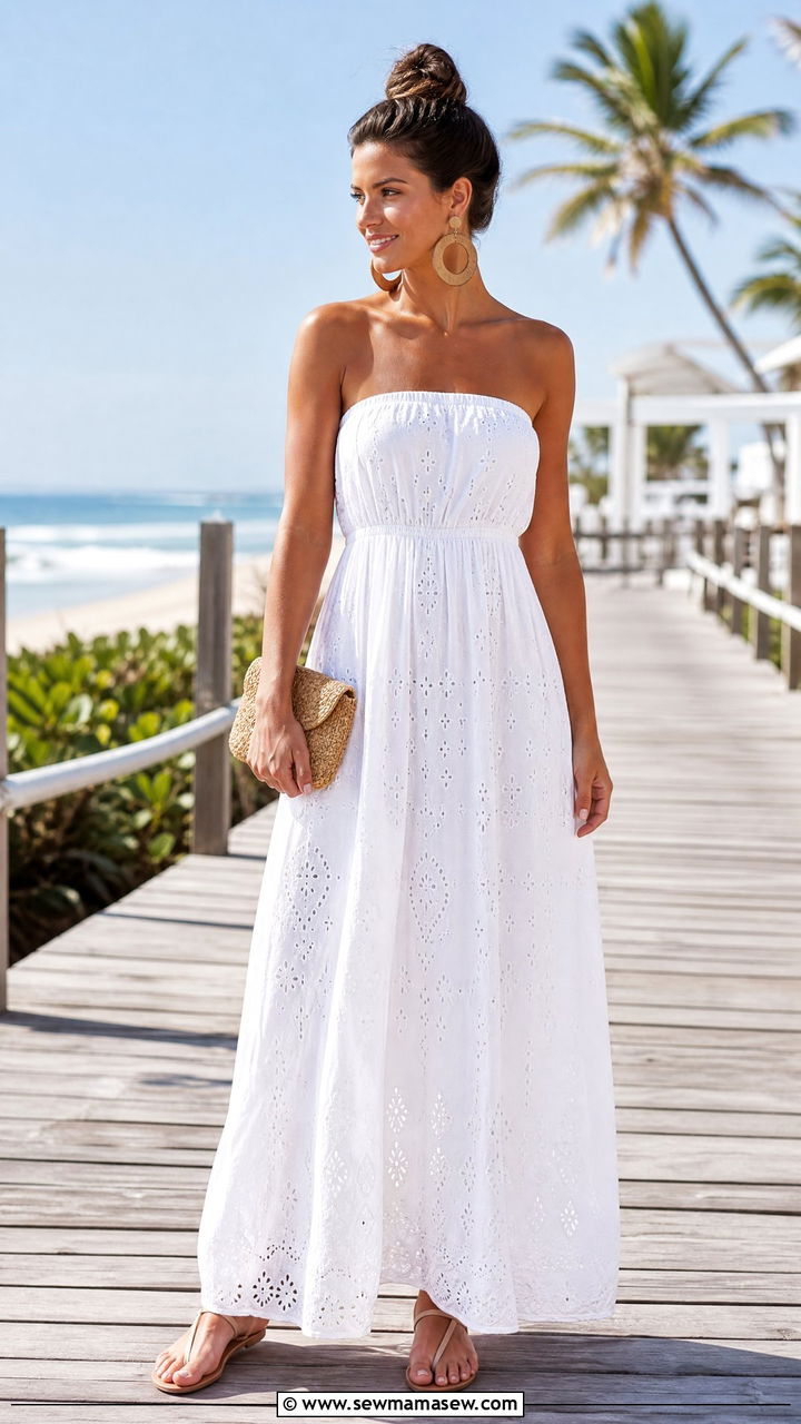 Strapless Cotton Maxi Dress With Statement Earrings - 30 Maxi dress for beach outfit ideas