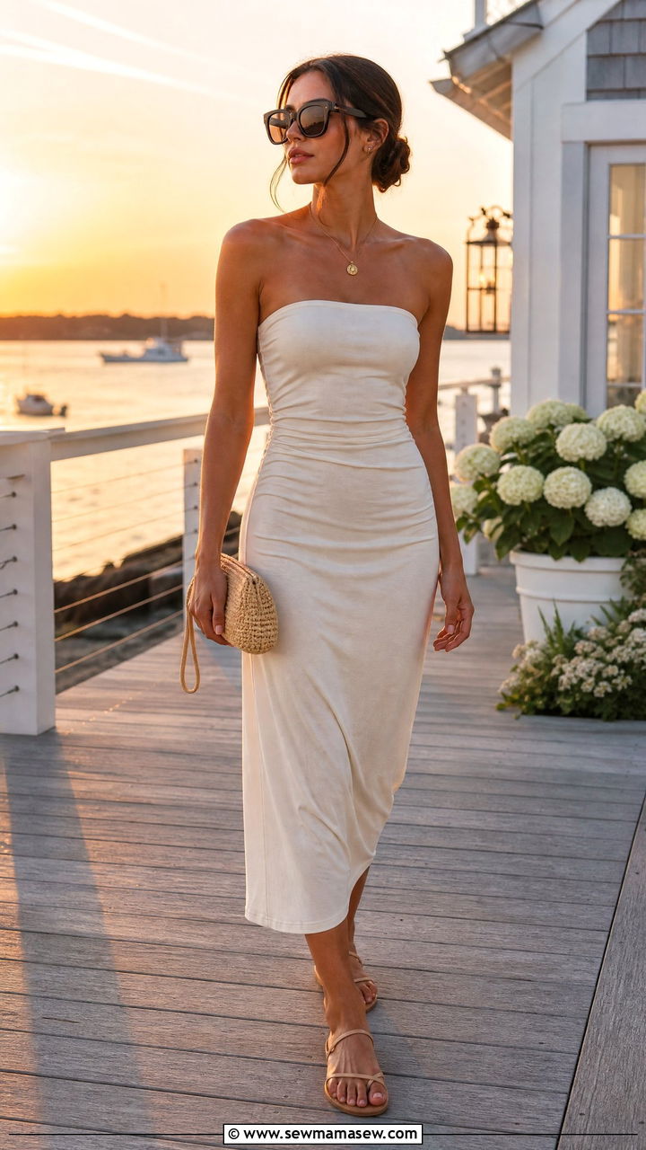 Strapless Cream Midi Dress With Delicate Necklace - 25 Hamptons outfit ideas 2026