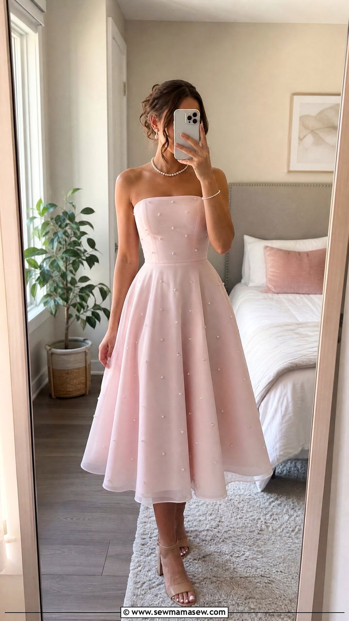 Strapless Fit And Flare Dress With Pearl Jewelry - 25 Rush week outfit ideas preference night