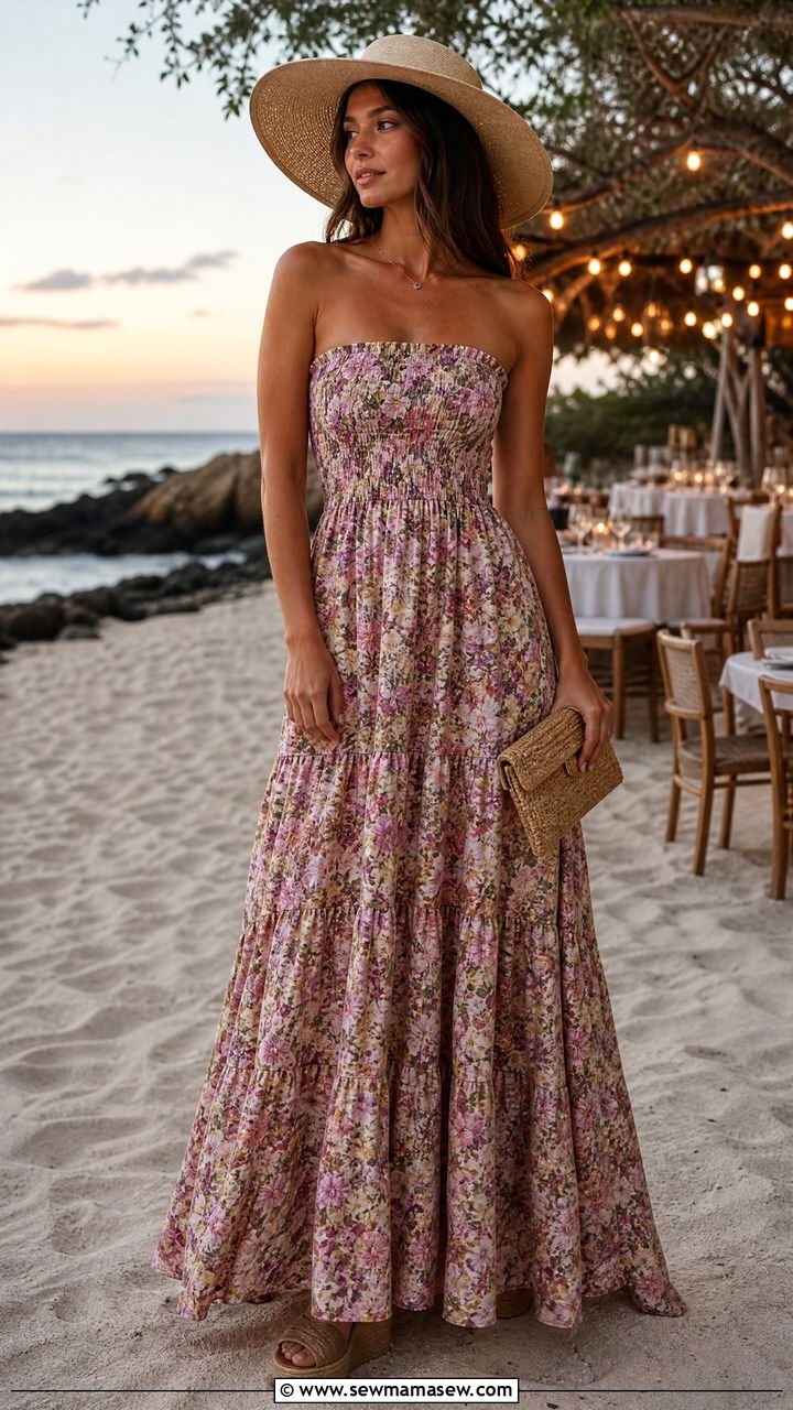 Strapless Floral Maxi Dress With Wedge Espadrilles - 35 hot weather outfits inspo