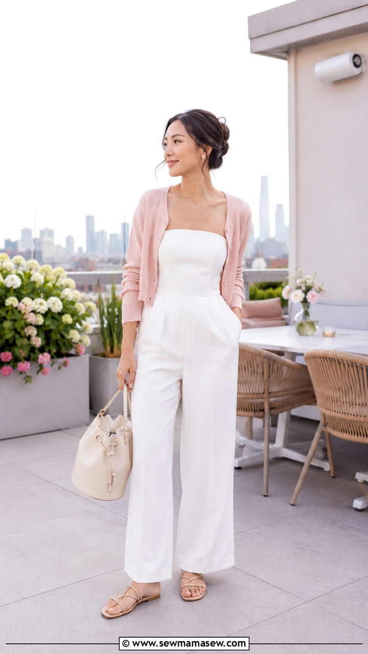 Strapless Jumpsuit With Cropped Cardigan - 30 How to style a jumpsuit in spring