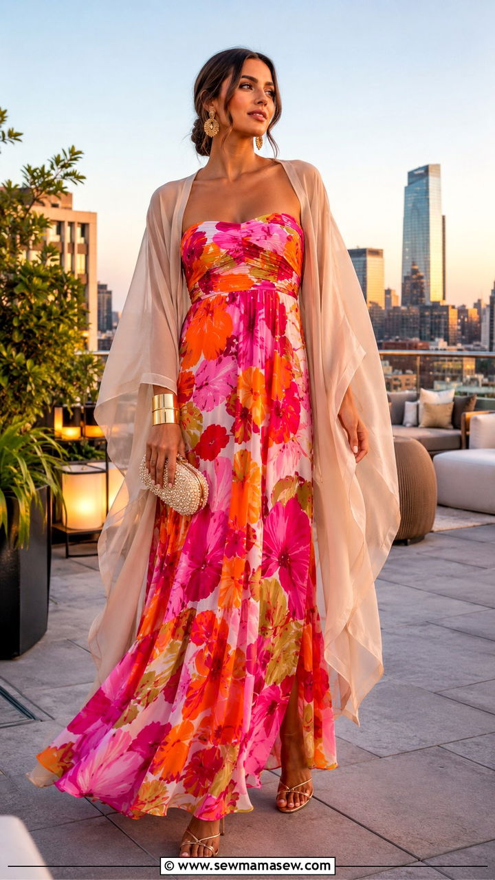 Strapless Maxi Dress With Kimono Shawl - 30 Maxi dress with a kimono outfit ideas