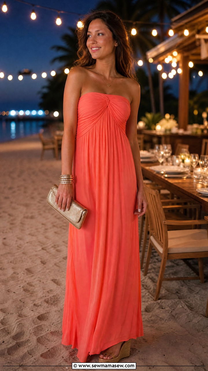 Strapless Maxi Dress With Wedges And Clutch - 40 Maldives outfit ideas