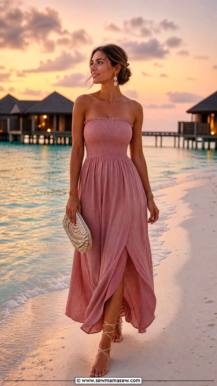 Strapless Maxi Dress With Wrap Sandals - 35 Maldives vacation outfit ideas