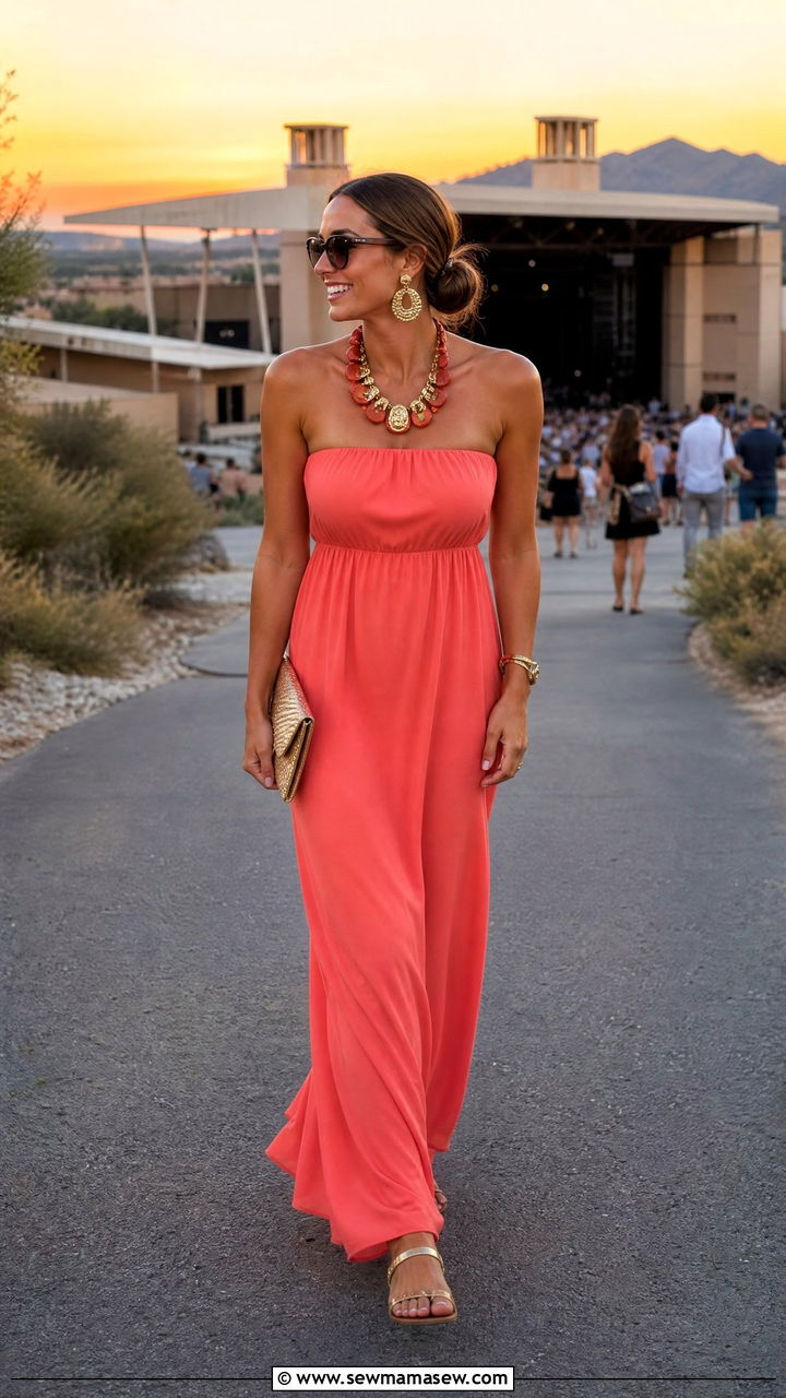 Strapless Maxi Dress with Chunky Jewelry and Flat Sandals - 40 Summer concert outfits