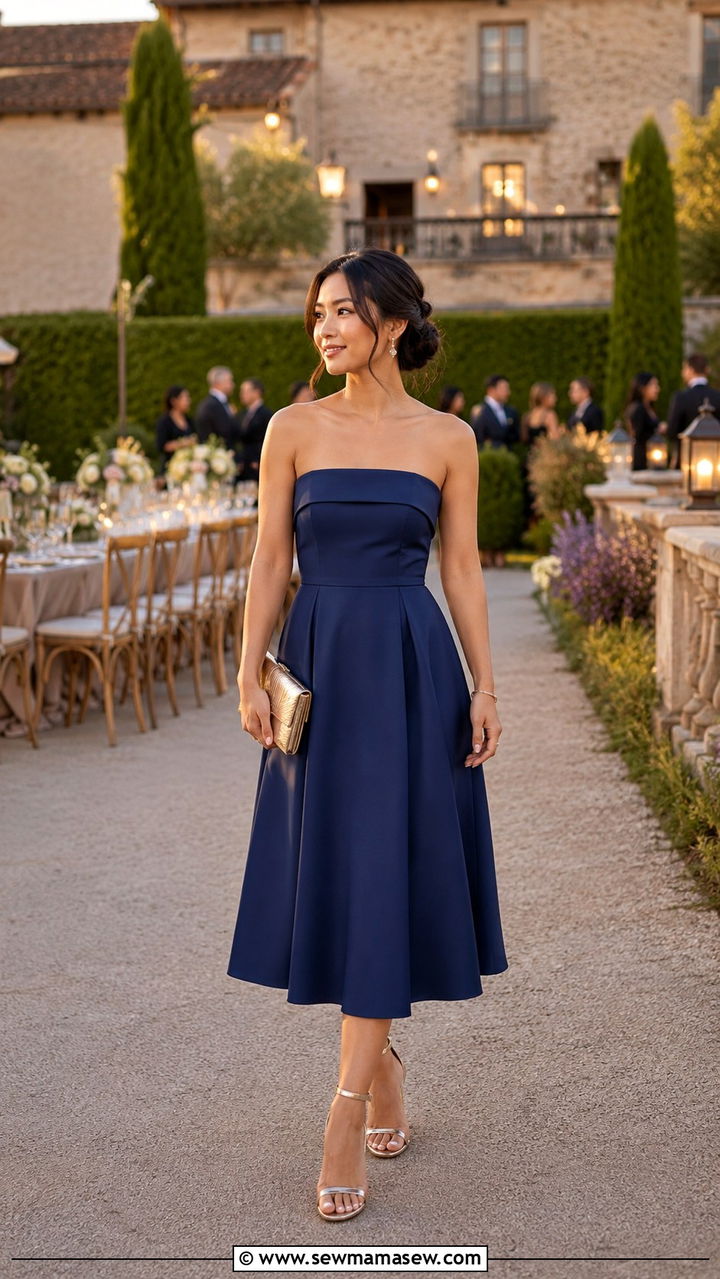 Strapless Midi Dress Wedding Guest Outfit for Short Women - 25 Wedding guest outfit ideas short women