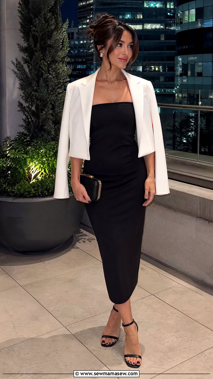 Strapless Midi Dress With a Cropped Blazer and Square Toe Heels - 20 Petite outfit ideas 5'4