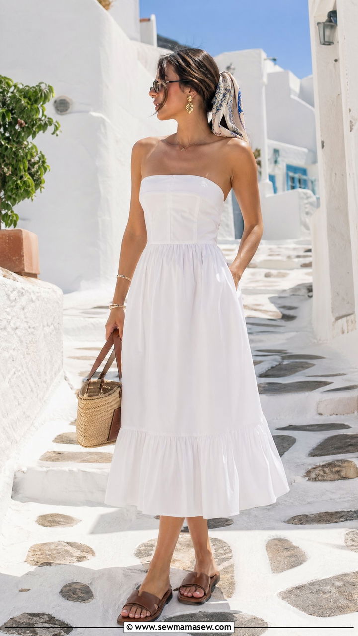 Strapless Poplin Dress With Slides - 35 European summer outfits inspo