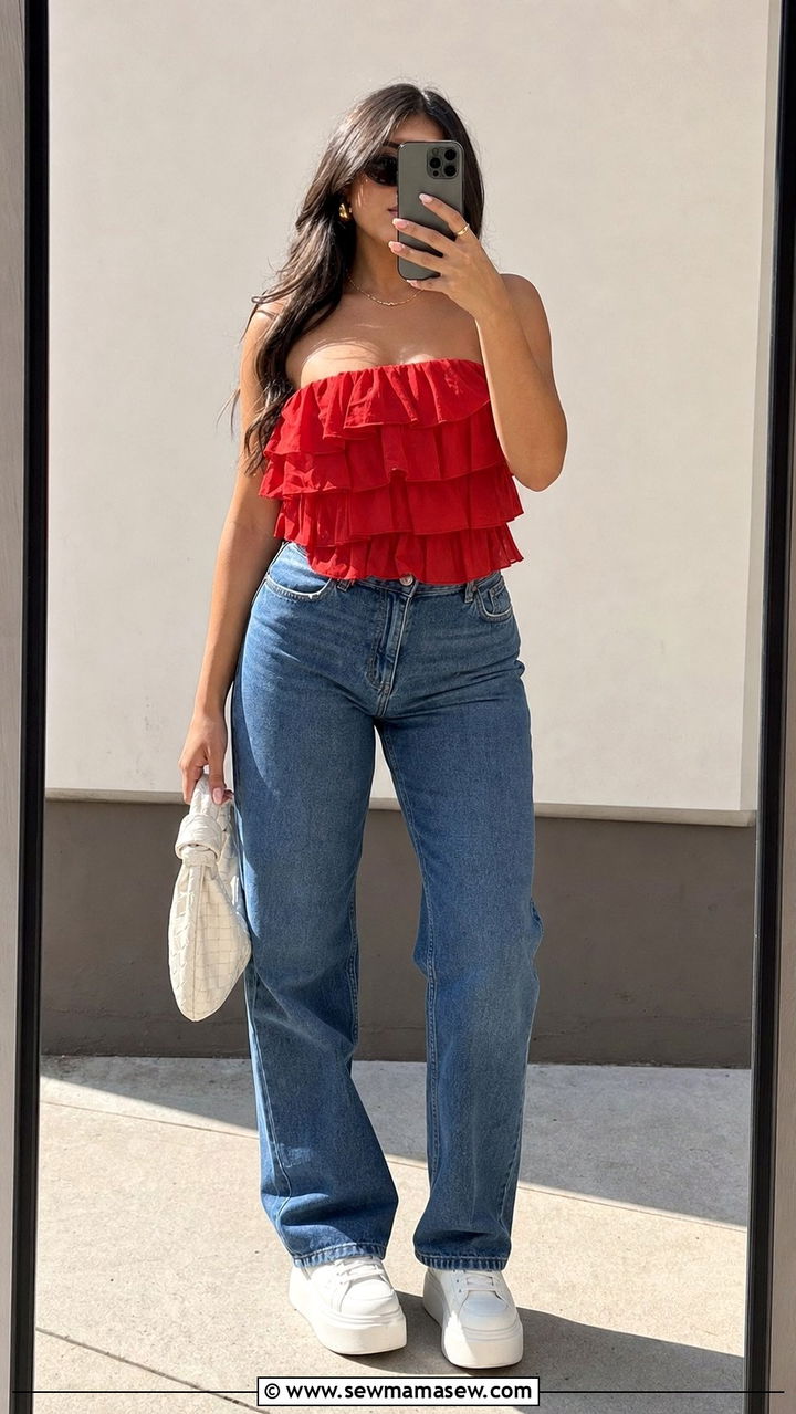 Strapless Ruffle Top and High Waisted Straight Leg Jeans Outfit for Pear Shape - 25 Summer outfits for pear shape
