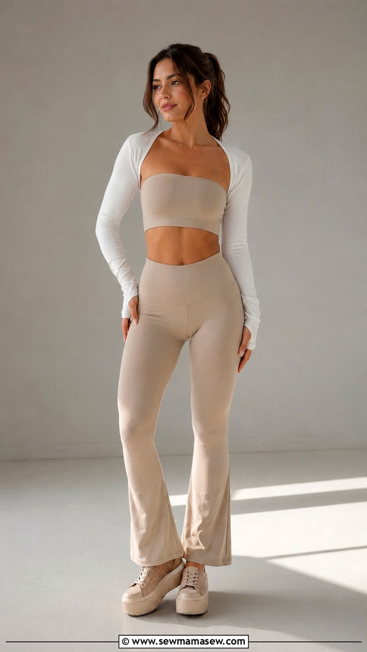 Strapless beige tube top and flare leggings - 25 Pilates girl outfit ideas